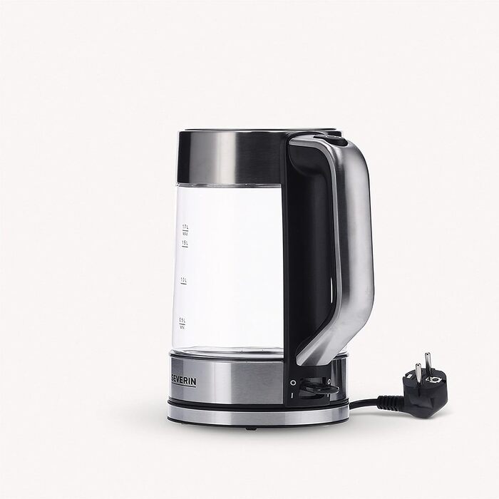 Скляний чайник SEVERIN з об'ємом наповнення 1,7 л XXL, потужний і компактний чайник у високоякісному дизайні, електрочайник з фільтром від накипу, 2200 Вт, скло з нержавіючої сталі, WK 3420 одинарний
