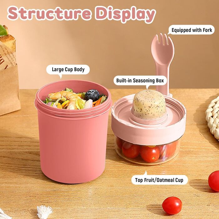 Стаканчик для пластівців 870 мл з ложкою та щіточкою, рожевий Forbabe