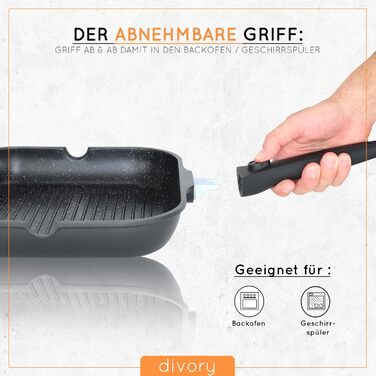 Сковорода гриль 28 x 28 см со съемной ручкой, черная DIVORY