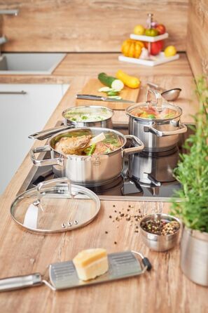 Форма для запікання RSLE EXPERTISO, універсальна ємність для приготування їжі з нержавіючої сталі 18/10, скляна кришка, внутрішня вага, підходить для індукційних плит, можна мити в посудомийній машині, срібляста (16 см, каструля)