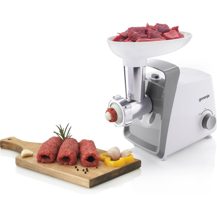 Gorenje Мясорубка, 1600Вт, 2,2 кг/мин, 2 решетки, пластик, белый