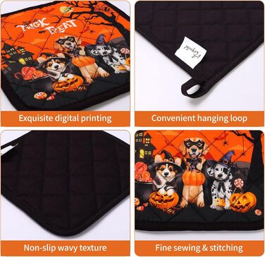 Різдвяний набір із 2 рукавичок для духовки та підставок для каструль Arquiel, 100 бавовняні кулінарні рукавички, термостійкі кухонні рукавички для приготування їжі, різдвяні подарунки на кухню для жінок (Хелловін 02, рукавички для духовки підставки для ка