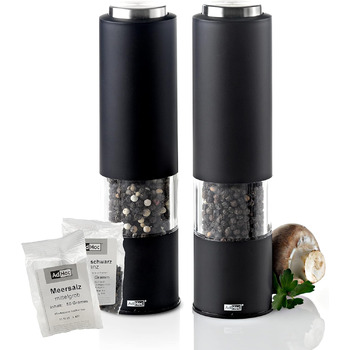 Набір електричних млинів для солі та перцю AdHoc з 2 чорно-білих тропіків з керамічною кавомолкою, регульованою дрібною та грубою, включаючи сіль і перець (чорний)