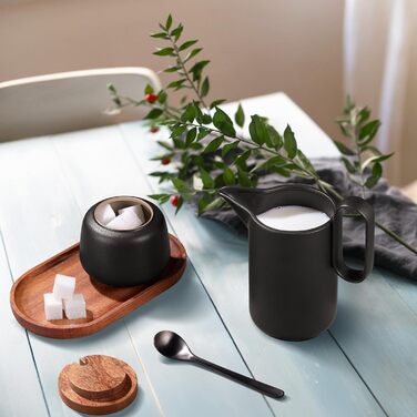 Набір для молока та цукру з кришкою та металевою ложкою, 5 предметів чорний ecooe