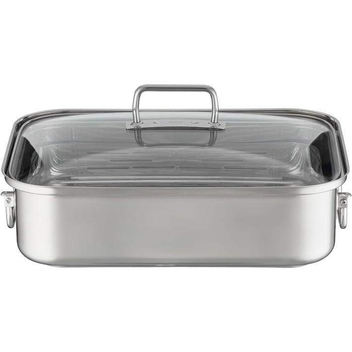 Форма для запікання RSLE EXPERTISO, універсальна ємність для приготування їжі з нержавіючої сталі 18/10, скляна кришка, внутрішня вага, підходить для індукційних плит, можна мити в посудомийній машині, срібляста (38 x 28 см, прямокутна форма для запікання