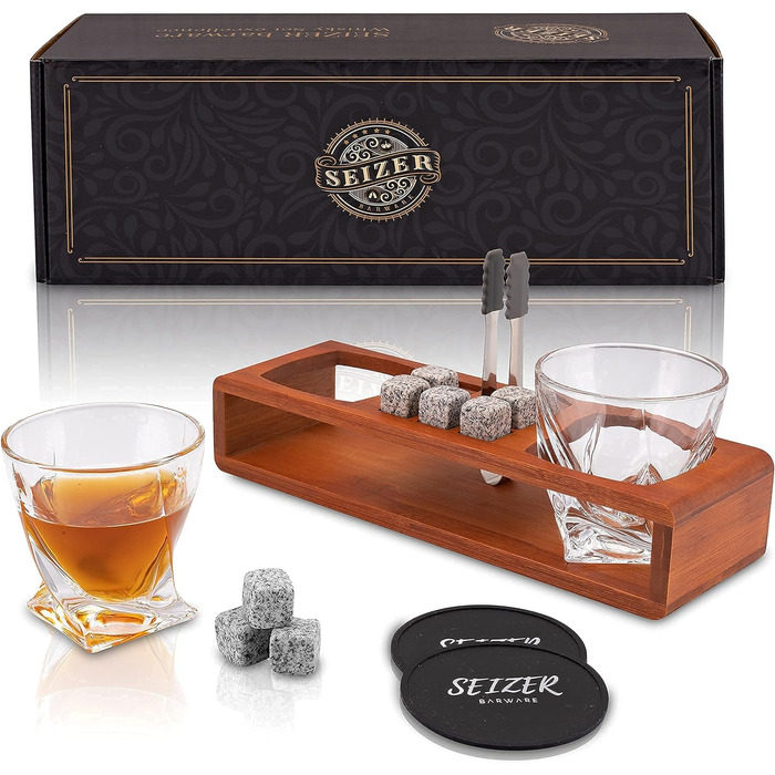 Набор стаканов для виски и 8 камней для виски в деревянной раме подарочная коробка SEIZER