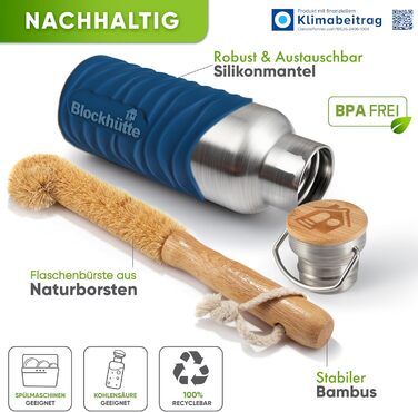 Ізольована пляшка для пиття преміум-класу з нержавіючої сталі 1л з натуральною щетиною Герметична ізольована пляшка Ізольована пляшка для університету, офісу, яку можна мити в посудомийній машині Без BPA (синій)