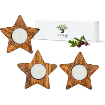 Високоякісні підсвічники в сільському стилі з ексклюзивного оливкового дерева Набір з 3 шт. - Ручна робота - Підсвічник до Дня Святого Валентина Дерево - Тримач для чайної свічки - Прикраса столу - Набір прикрас для дому 3 зірки