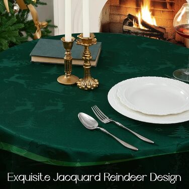 Маленька різдвяна скатертина Romanstile, яку можна прати та вона водовідштовхувальна, жакардові олені та ялинка, квадратна скатертина для журнального столика, святкова, подарункова ( 160 см, темно-зелена)