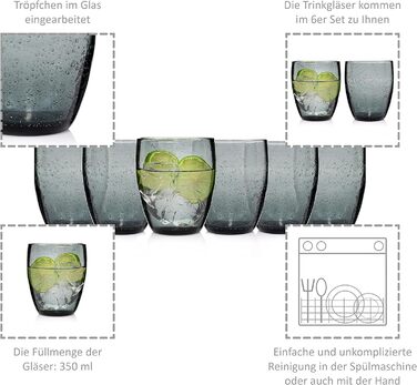 Набір склянок для пиття Singer Набір скляних склянок Porto з 6 предметів для 6 осіб, склянка для води, різнокольорова, унікальна нарізка, повсякденний, сімейна вечеря, офіс, набір склянок для соку на відкритому повітрі 310 мл (London Grey 6 шт.)