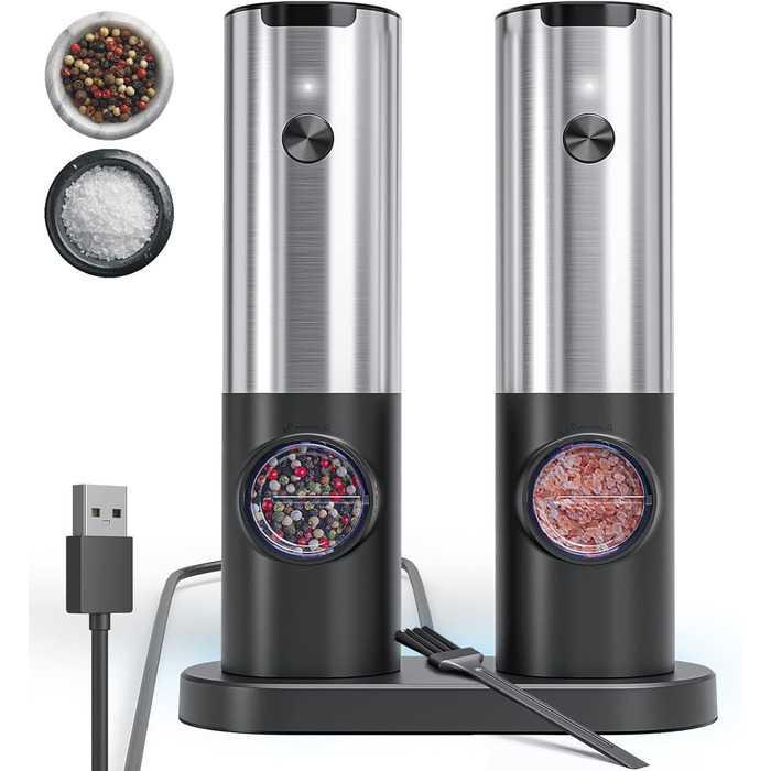 Млин для солі та перцю електричний з базою, що заряджається, 2 предмети, чорний/металік Littneo