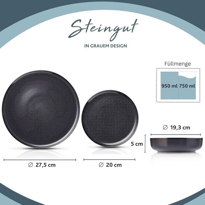 Набір тарілок на 4 персони, 12 предметів, темно-сірий Bali Sänger