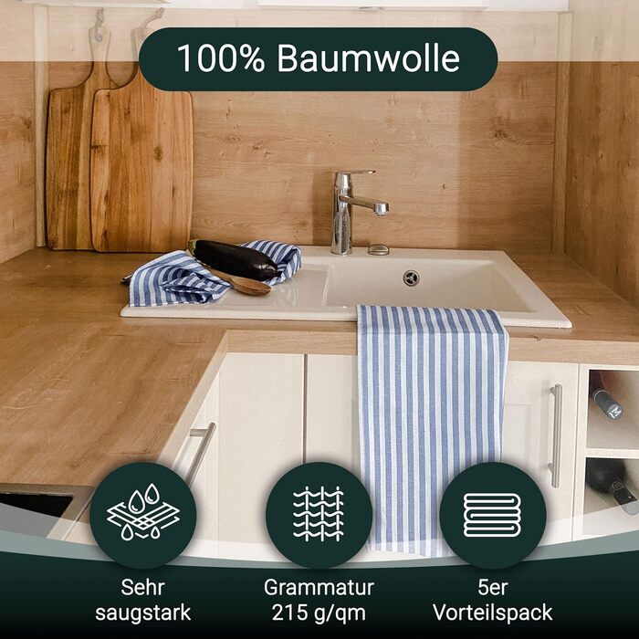 Набір кухонних рушників ZOLLNER із 5 бавовняних рушників 50x70 см вбираючі та міцні кухонні рушники можна прати до 60C у смужку якість для громадського харчування сертифіковано Oeko-Tex (синій)