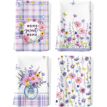 Кухонні рушники, бавовна, 4 упаковки, кухонні рушники, 100 бавовна. Осінній набір кухонних рушників. Універсальні високоякісні кухонні рушники для сушіння, 50 x 70 см (фіолетова квітка 02)