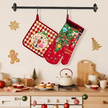 Набір з 2 різдвяних рукавиць для духовки та підставки для каструль Arquiel, 100 бавовняні кулінарні рукавички, термостійкі кухонні рукавички для приготування їжі, різдвяні подарунки для жінок (Лускунчик, рукавичка для духовки підставка для каструль)