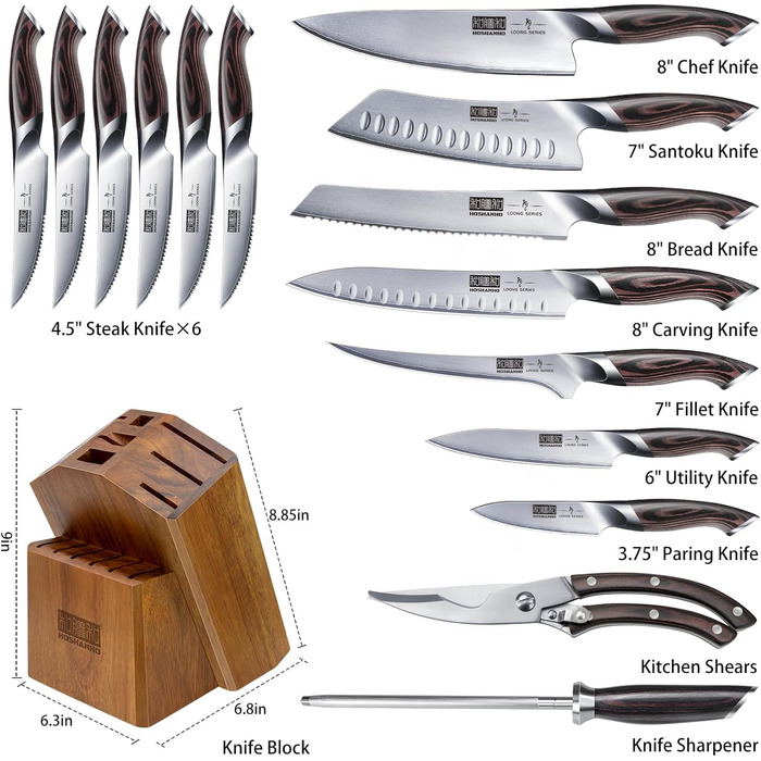 Набор профессиональных ножей с точилкой и подставкой, 16 предметов, серебристые HOSHANHO