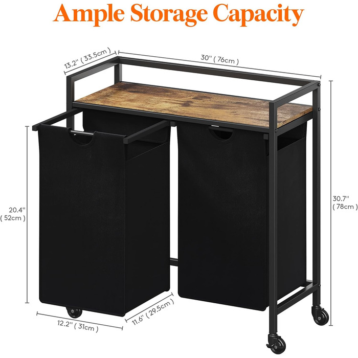 Сворачиваемая корзина для белья Lifewit, 95 л 2 выдвижные корзины для белья с верхней полкой и 2 семными сумками и ручками, сортировщик белья для прачечной, спальни, ванной комнаты и общего номера, черный 76x33,5x78 см Деревенский коричневый черный