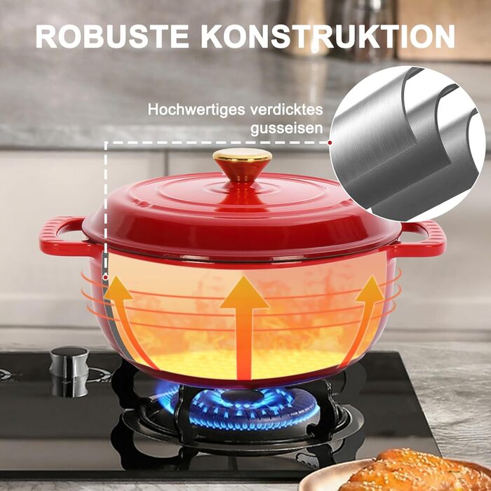 Чавунна жаровня 4,7 л з кришкою 26 см, червона LEADZM