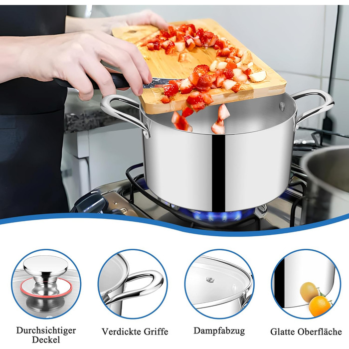 Каструля HaWare, індукційна каструля з 3-шарової нержавіючої сталі, каструлі об&39ємом 3,3 л, каструля для пасти зі скляною кришкою для всіх плит, каструля для супу, каструля для м&39яса, здорова та без покриття, придатна для миття в посудомийній машині (