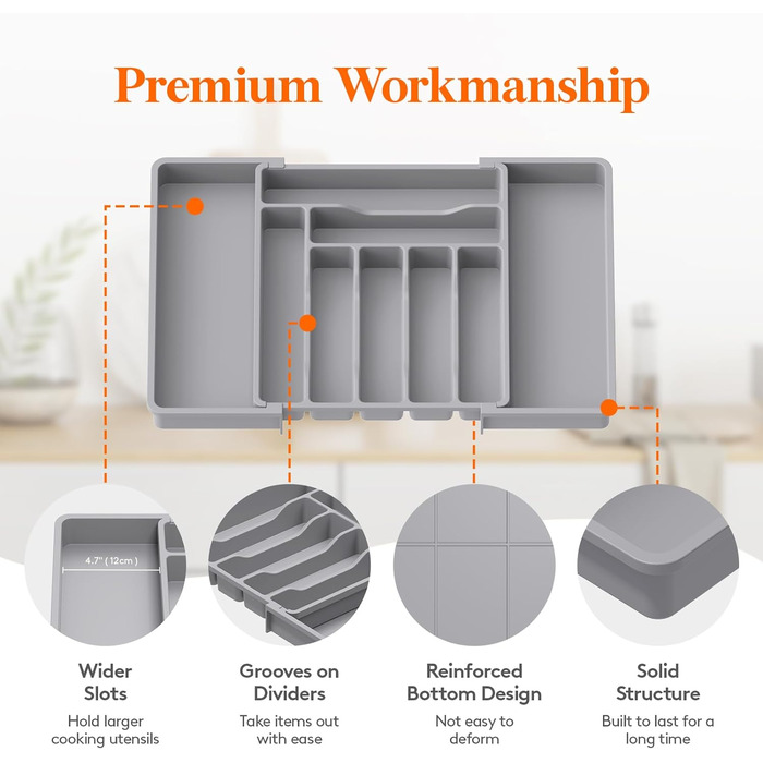 Органайзер для столовых приборов 57 х 38 см для выдвижных ящиков, 9 отделений, серый Lifewit