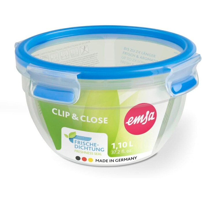 Набір контейнерів для зберігання продуктів EMSA Clip & Close, прямокутні, 5 x 0,8 л, коробки для зберігання, 100 герметичні, придатні для миття в посудомийній машині, морозильної камери та мікрохвильової печі, прозорі, сині, зроблені в Німеччині, N10307 (