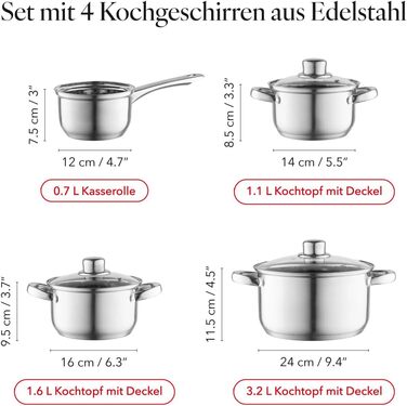 Набір посуду FLORINA 4 предмети Нержавіюча сталь 18/0 Кришка із загартованого скла Для індукційних, газових, електричних та керамічних варильних поверхонь Можна мити в посудомийній машині Високоякісний набір посуду для кожної кухні (8 предметів, Harry)
