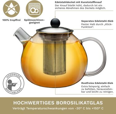 Скляний чайник Creano 1.3 л, скляний чайник із 3 частин із вбудованим ситечком з нержавіючої сталі та скляною кришкою, ідеально підходить для приготування сипучих чаїв, без крапель, все-в-одному (1,0 л)