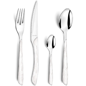 Набор столовых приборов Amefa ECLAT Nature, 24 предмета, набор столовых приборов на 6 человек, коричневые пластиковые ручки под дерево, можно мыть в посудомоечной машине, столовые приборы из нержавеющей стали, светлое дерево (белое дерево)