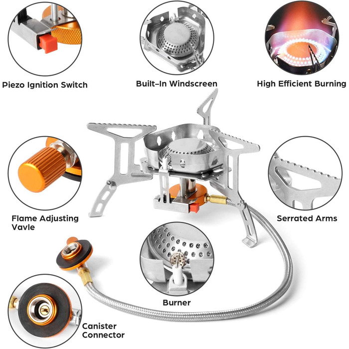 Вт Газовая плита с пьезорозжигом, ветрозащитная газовая походная печь для всех газовых горелок с винтовым картриджем, с адаптером Складная походная печь (серая), 3500