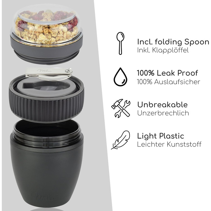 Стаканчик для пластівців Milu 400 мл з назвою MsliMax для йогурту герметичний стаканчик з ложкою (чорний, пластиковий)