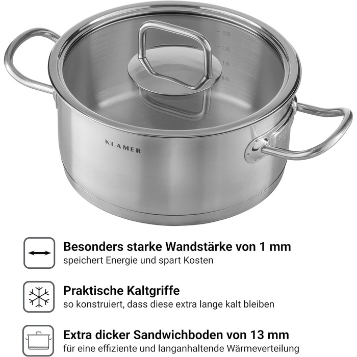 Набір каструль з нержавіючої сталі зі скляними кришками, 4 предмети Klamer