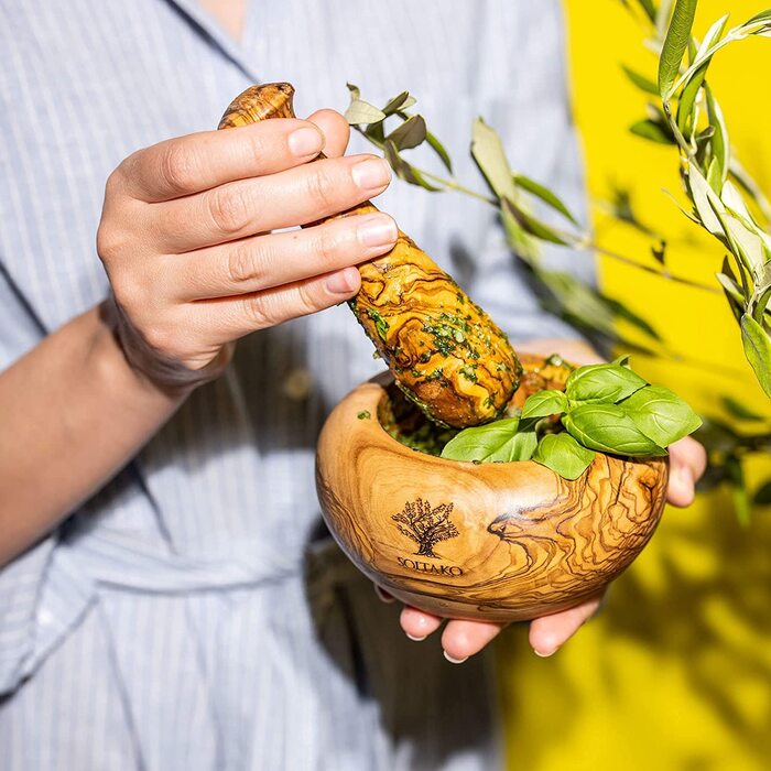 Оливковая ступка и набор пестиков - Ступка - Деревянная ступка - Экологичная ступка для трав и специй Ø Диаметр около 12 см Круглый Ø 12 см