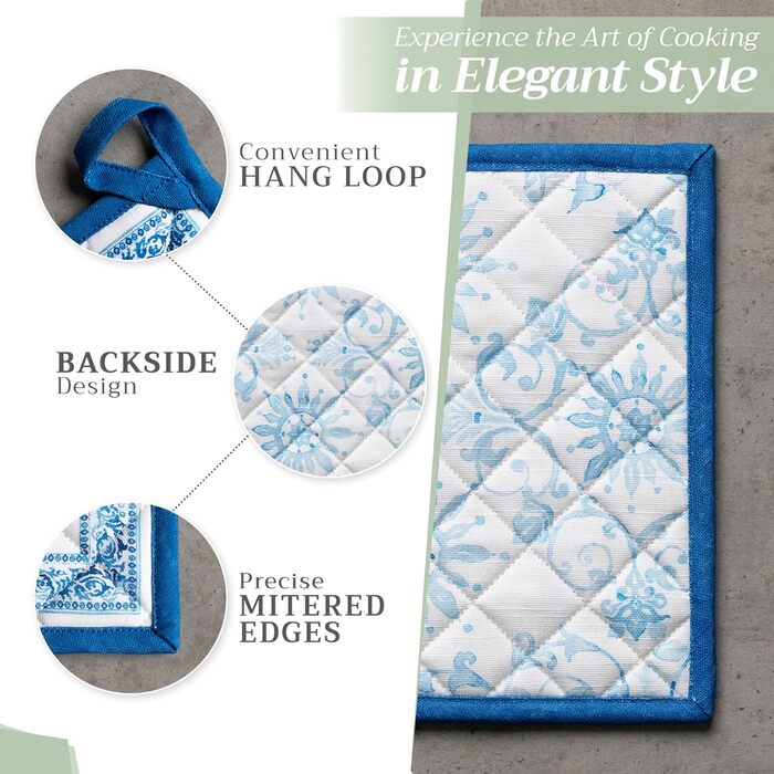 Рукавички для духовки Maison d&39 Hermine, Прихватки для каструль, 100 бавовна, термостійкі кухонні рукавички, рукавички для духовки (19 x 33 см) та прихватки для каструль (20 x 20 см) для приготування їжі, Morzine - Рукавички для духовки (19 x 33 см) та 