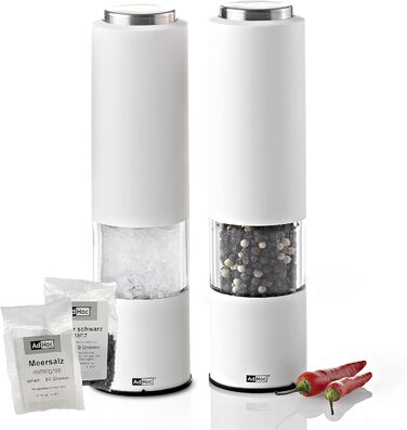 Набір електричних млинів для солі та перцю AdHoc з 2 чорно-білих тропіків з керамічною кавомолкою, що регулюється від дрібного до великого, включаючи сіль і перець (білий)