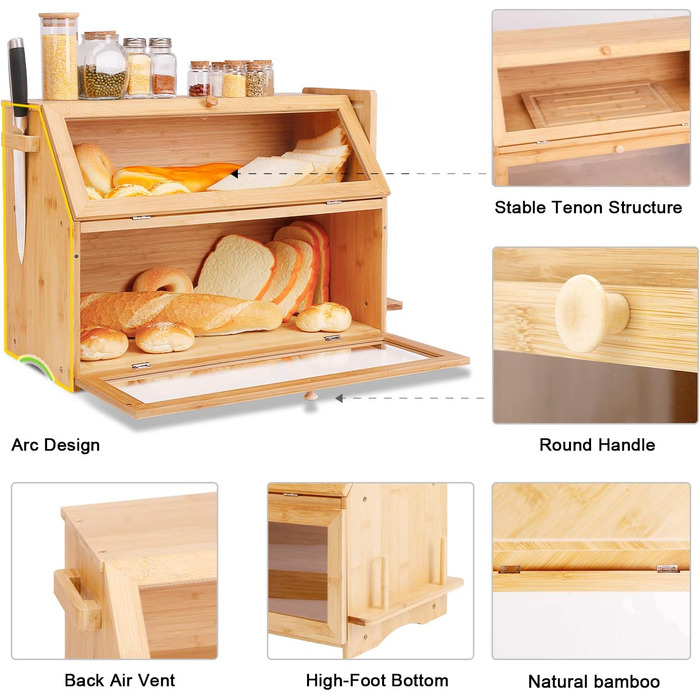 Хлібниця Leader Accessories з бамбука, 2-ярусна, для безпечного зберігання хліба, легкий догляд, 39x25x32 см, чорна (39x25x32 см/15,3&39x9,8&39x12,6&39) (бамбук (50x25x37 см/19,7&39x9,8&39x14,5&39))