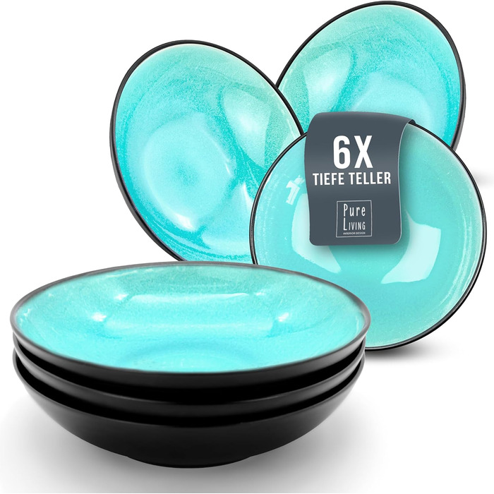 Набір кавових чашок з 6 шт. Ibiza - Чашки з кераміки преміум-класу, можна мити в посудомийній машині та мікрохвильовій печі, стійкий до подряпин - Стильний набір чашок для чаю та кави - чистий живий посуд, набір посуду в аквамарині (глибокі тарілки (6x))