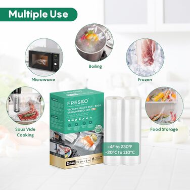 Вакуумні пакети FRESKO, 2 рулони, 28 x 600 см, професійні пакети для вакуумного пакування, розмір підходить для всіх вакуумних пакувальників, без BPA, тиснені повітряні канавки, пакети для заморожування методом су-від (2 рулони 20 x 600 см)