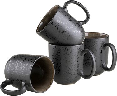 Сучасний набір для 4 осіб у захоплюючому вінтажному образі, великі плоскі обідні тарілки з кераміки, керамограніту, сірий/чорний (кавова кружка, сіра/чорна)