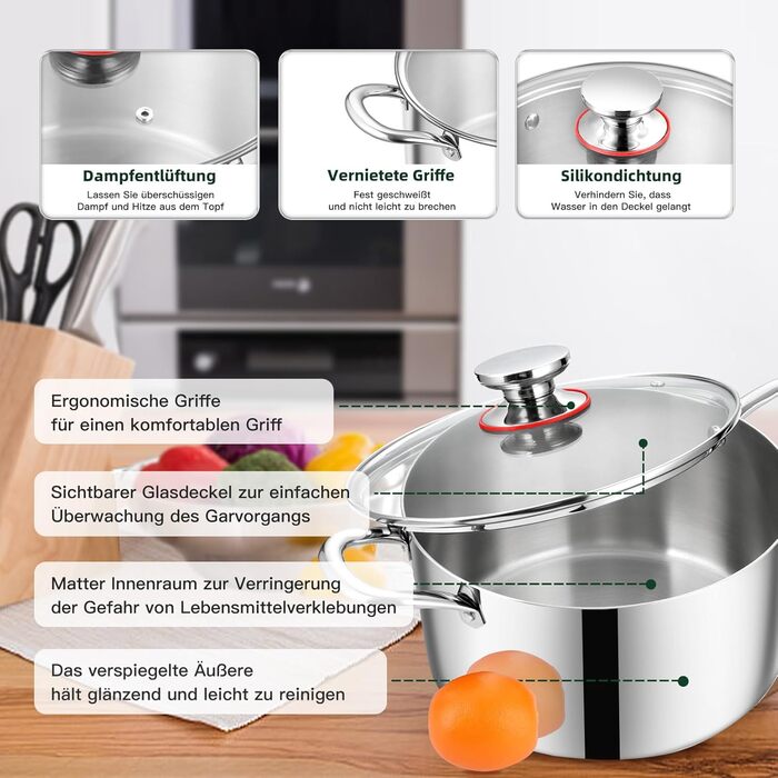 Каструля 3,3 л з нержавіючої сталі зі скляною кришкою 20 см Onader