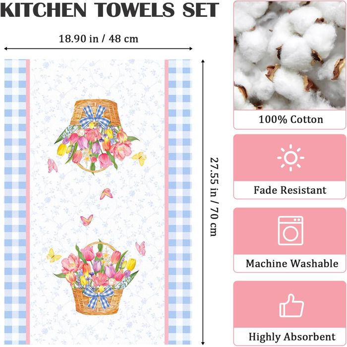 Кухонні рушники, бавовна, 4 упаковки, кухонні рушники, 100 бавовна. Осінній набір кухонних рушників. Універсальні високоякісні кухонні рушники для сушіння, 50 x 70 см (Pink Flower 02)