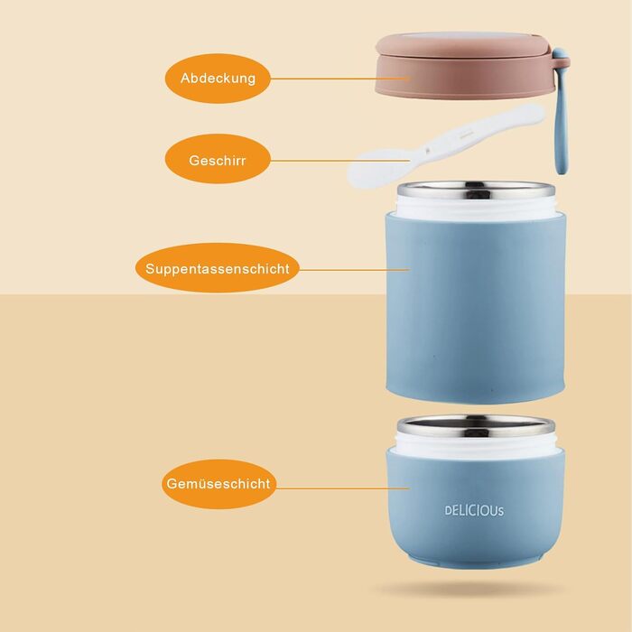 Стаканчик для пластівців Chedin з кришкою, стаканчик для каші з нержавіючої сталі 730 мл, герметичний стаканчик для йогурту з ложкою та кришкою, двошарові герметичні банки Мейсон, ідеально підходять для роботи (сині)