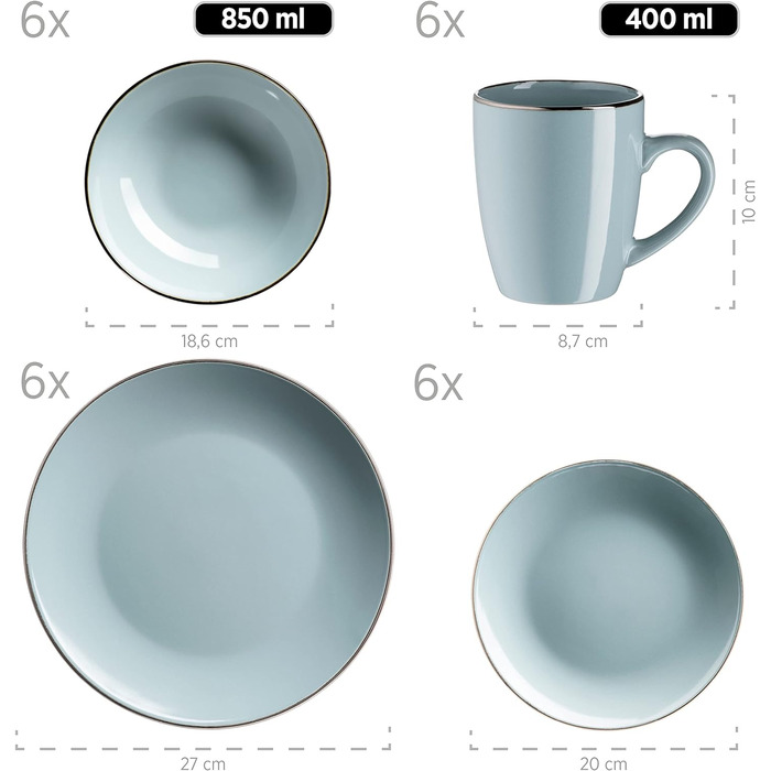 Современный набор посуды на 6 персон с ободком цвета латуни, es комбинированный набор с безободковыми формами купе, керамогранит, (24 предмета, мятный)