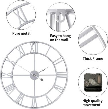 Великий круглий металевий настінний годинник у вінтажному стилі з безшумним нецокаючим живленням від батареї 40 см, 16-дюймовий римський номер, годинники для вітальні, спальні, кухні, настінний годинник-прикраса (срібло, 47 см)