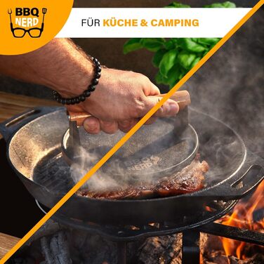 Чавунний прес для м'яса 18 см з дерев'яною ручкою, круглий BBQ Nerd