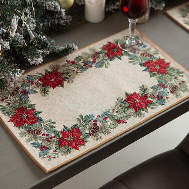 Дім різдвяної гобеленової різдвяної скатертини Скатертина на Різдво та Новий рік (Пуансетія з сосновими шишками (блискуча), серветка 35x45 см)