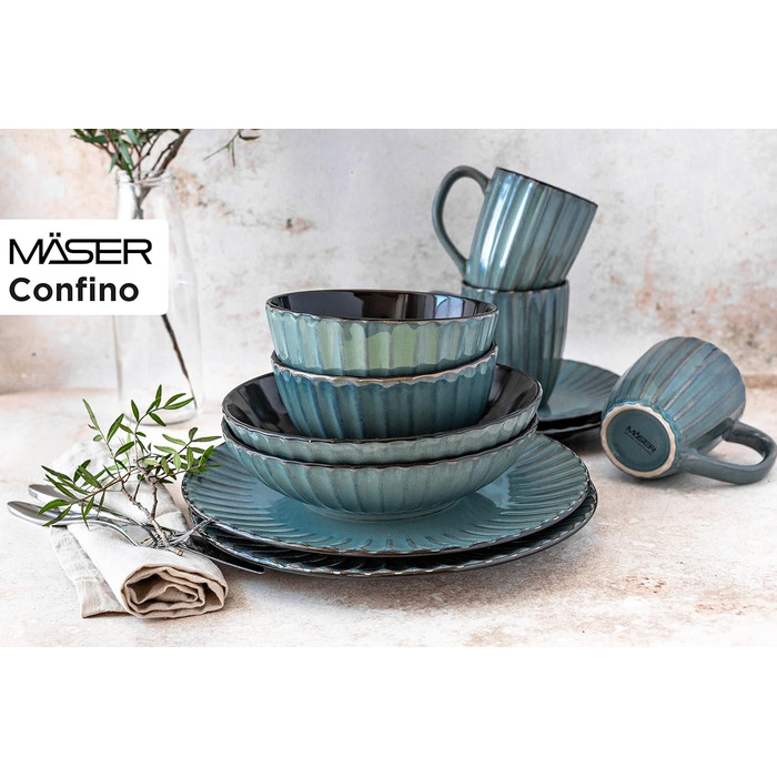 Набор посуды MSER серии 931966 Confino на 4 персоны в современном винтажном стиле, Сервиз для завтрака из 12 предметов из керамики бирюзового цвета с черными акцентами, Сервиз для кофе из керамогранита Teal