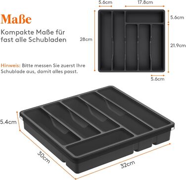 Лоток для столових приборів Lifewit з кришкою, зберігання столових приборів для кухонної шухляди та стільниці, лоток для столових приборів для пластикових ящиків для ложок, виделок, ножів, вставка, 6 відділень, (чорний)