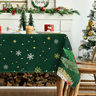 Модна різдвяна скатертина зі сніжинками, ялинками та зірками 140x110 см, зимова стійка до плям скатертина для кухні, декор для вечірки (140 x 220 см, зелена)