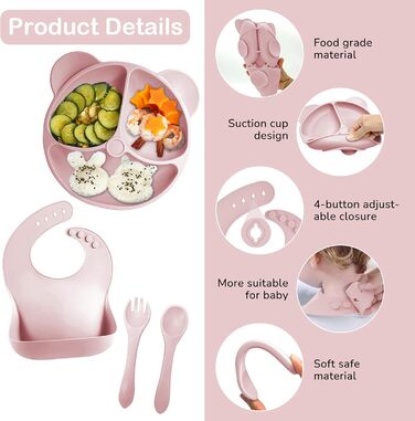 Силіконовий набір дитячого столового посуду Bizcasa з 9 предметів, нековзкий набір дитячого столового посуду, дитячий столовий посуд із присоскою, нековзна дитяча миска, дитяча тарілка, дитячий набір столових приладів для малюків, без бісфенолу А (світло-