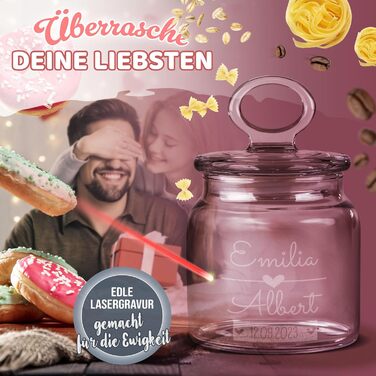 Скляна банка для печива з персоналізованим друком та гравіюванням - 800 мл - з сердечком, іменем та датою як подарунок для жінки на річницю Ідеї персоналізованих подарунків на річницю (550 мл)